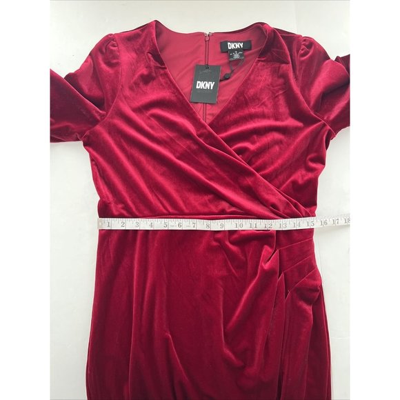DKNY Women’s Red stretch Velvet Bubble-Sleeve Faux-Wrap Dress size 10 - Picture 6 of 7